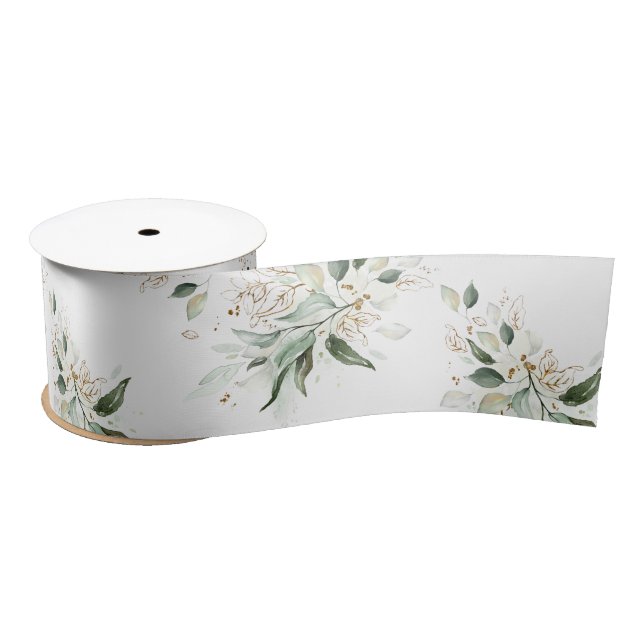 Spring Gold Greenery Foliage Elegant White Satin Ribbon (Spool)