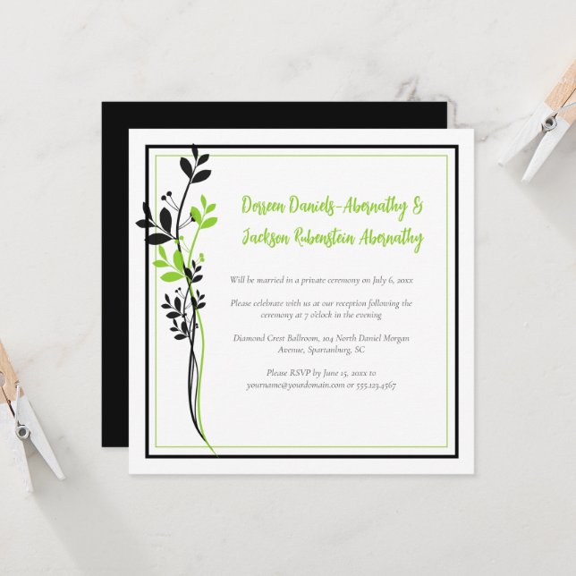 Spring Green and Black Floral Reception Only | Invitation (Front/Back In Situ)