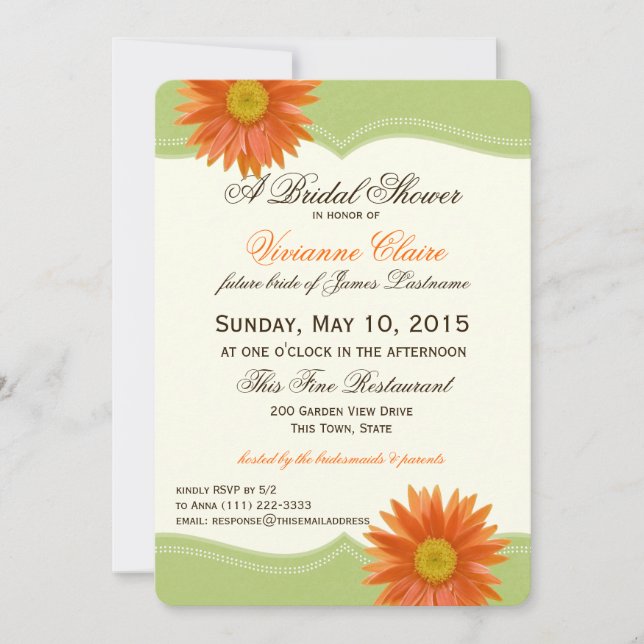 Spring Green and Orange Daisy Bridal Shower Invitation (Front)