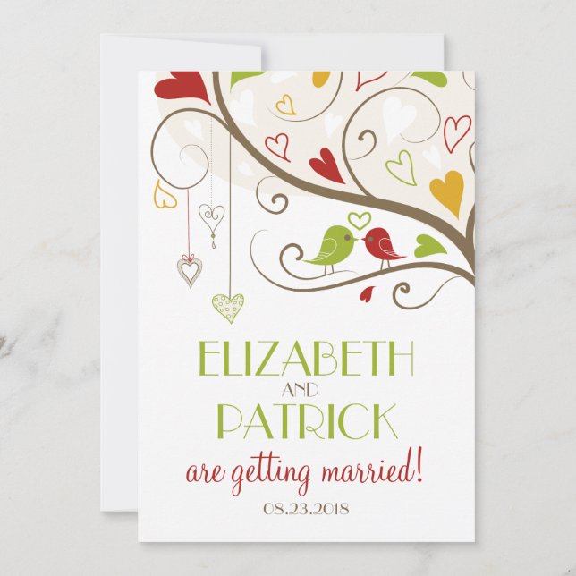 Spring Green and Red Cute Lovebirds Wedding Invitation (Back)