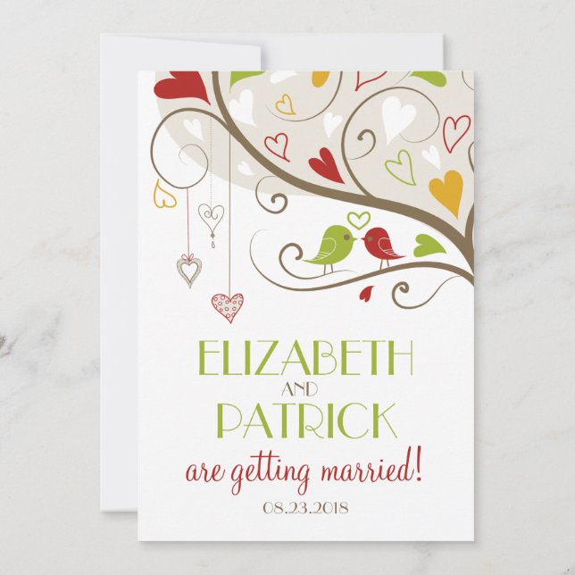 Spring Green and Red Cute Lovebirds Wedding Invitation (Back)