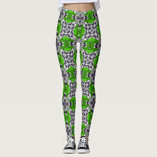 Spring Green and White Repeat Tile Pattern Leggings (Front)
