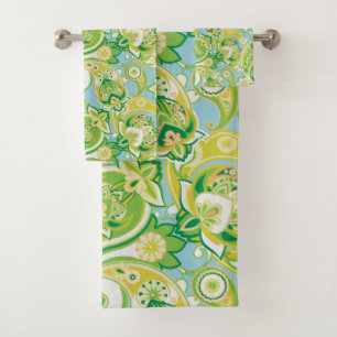 Spring Green Blue White Fresh Paisley Pattern Bath Towel Set