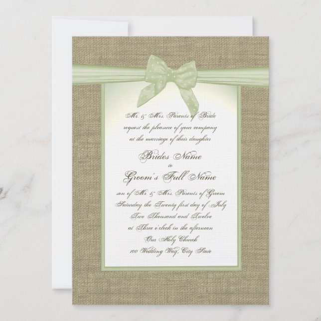 Spring Green Burlap and Bow Country Wedding Invitation (Front)