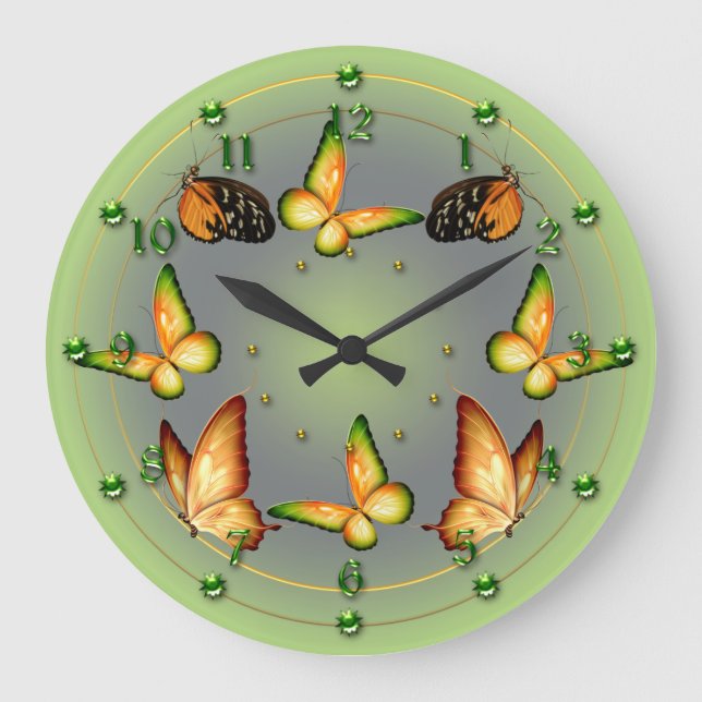 Spring Green Butterflies Large Clock (Front)