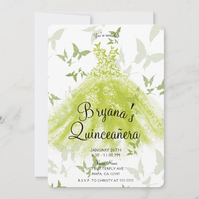 Spring Green Butterfly Dance Dress Quinceañera Invitation (Front)