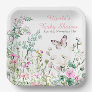Spring Green Butterfly Floral Baby Shower Paper Plate