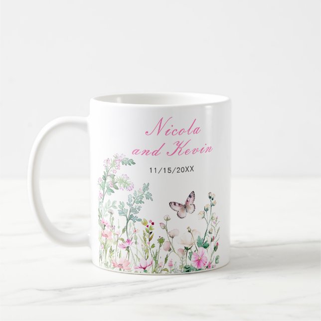 Spring Green Butterfly Floral Wedding Coffee Mug (Left)