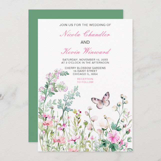 Spring Green Butterfly Floral Wedding Invitation (Front/Back)