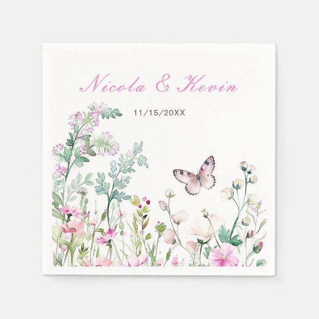 Spring Green Butterfly Floral Wedding Napkin (Front)