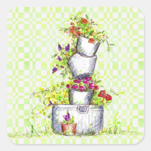Spring Green Check Flower Garden Bucket Square Sticker