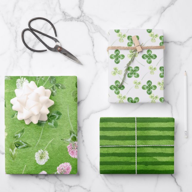 Spring Green Clover Stripes Wrapping Paper Sheet (Front)