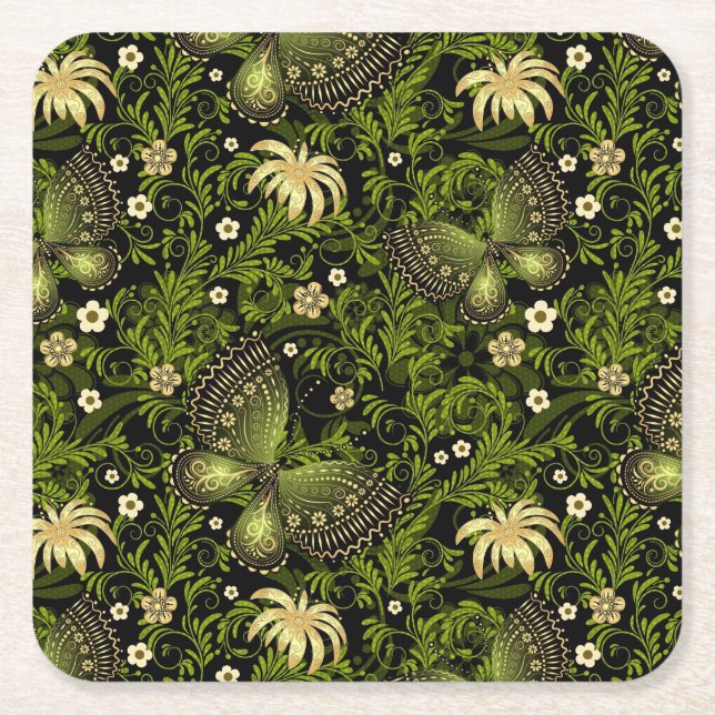 Spring Green-gold Pattern Square Paper Coaster (Front)