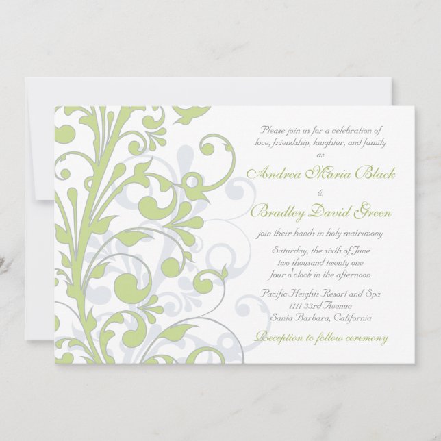 Spring Green, Grey, & White Wedding Invitation (Front)