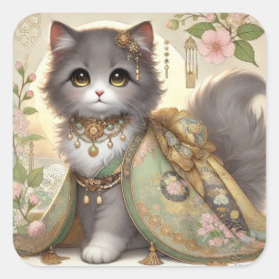 Spring Green Kimono Princess Cat Square Sticker