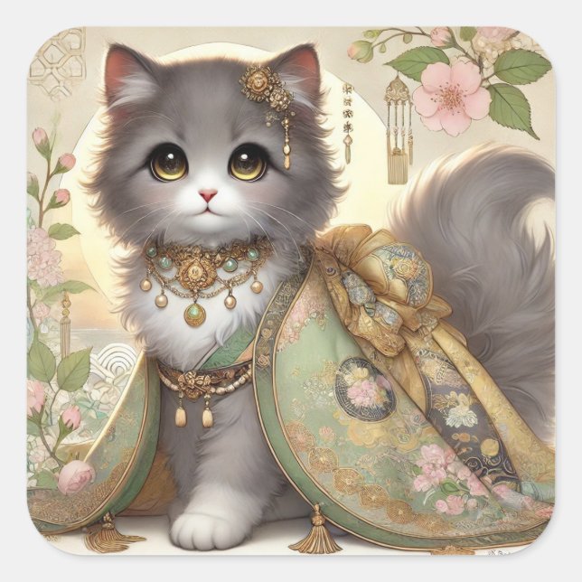 Spring Green Kimono Princess Cat Square Sticker (Front)