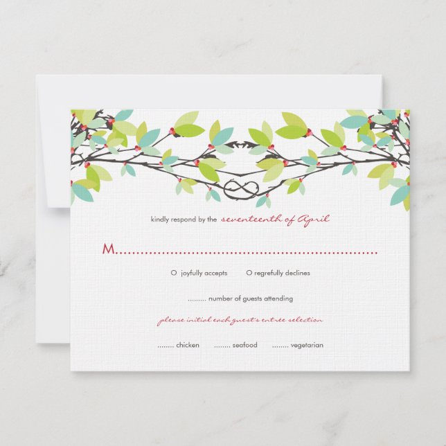 Spring Green Knotted Love Trees Wedding RSVP Card (Front)