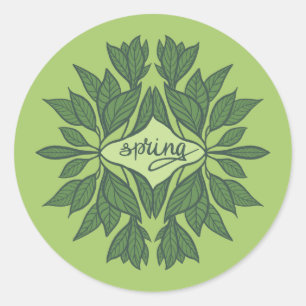 Spring Green Leaves Aesthetic Typography Classic Round Sticker