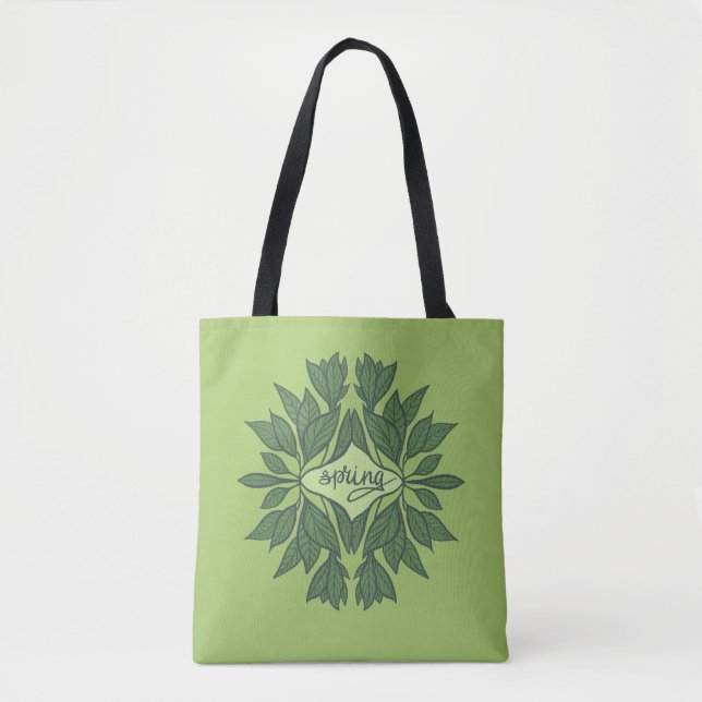 Spring Green Leaves Aesthetic Typography Tote Bag (Front)