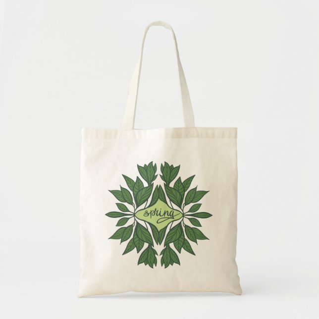 Spring Green Leaves Aesthetic Typography Tote Bag (Front)