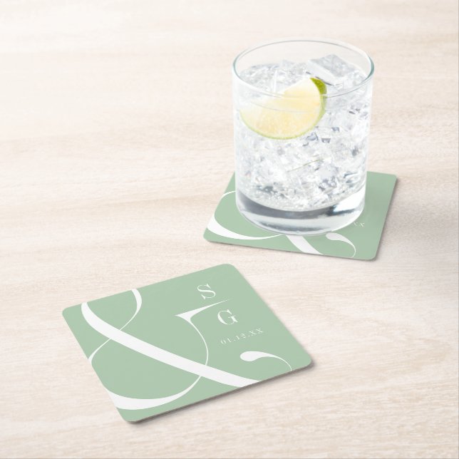 Spring green modern typography couples monogram square paper coaster (Insitu)