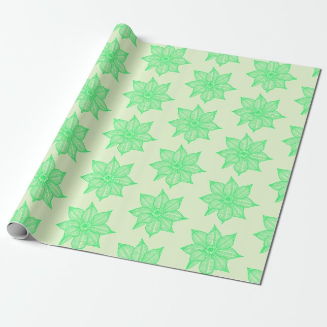 Spring Green on Light Green Sketchy Flowers Wrapping Paper (Unrolled)