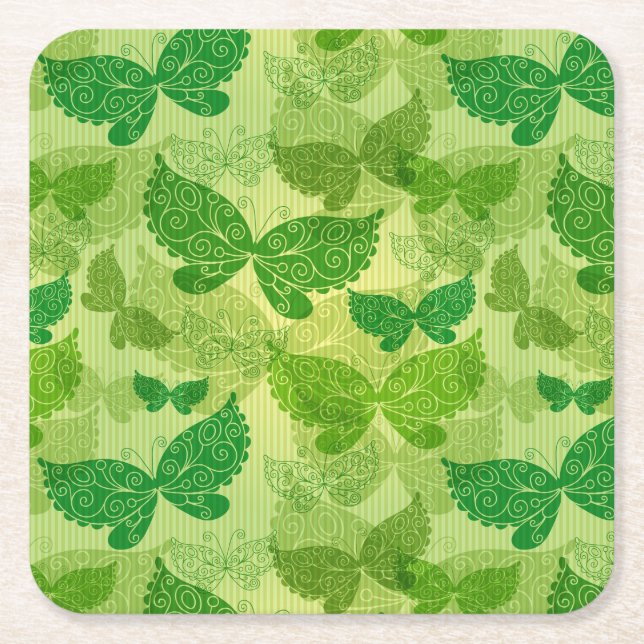 Spring Green Pattern Square Paper Coaster (Front)
