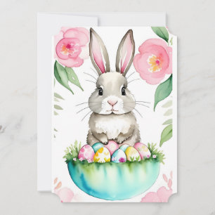 Spring green Pink Flowers Bunny  Easter Spring Egg Invitation