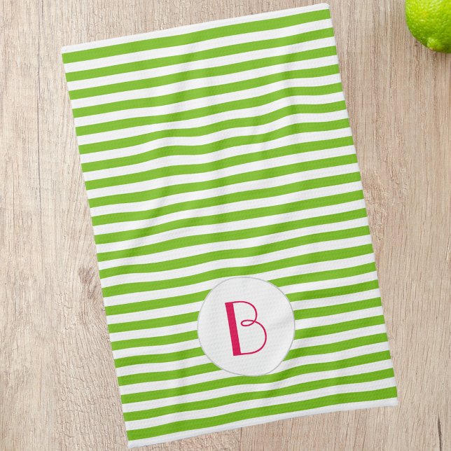 Spring Green Stripe Monogram Kitchen Tea Towel (Creator Uploaded)
