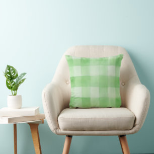 Spring Green Watercolor Gingham Plaid Throw Pillow