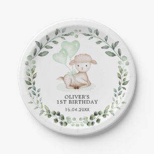 Spring Greenery Baby Lamb 1st Birthday Party Paper Plate