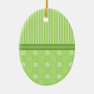 Spring Greens Stripes and Daisies Egg Ceramic Ornament