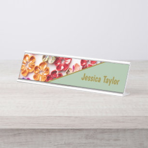 Spring Handmade sewn fabric Flowers Multicolor  Desk Name Plate
