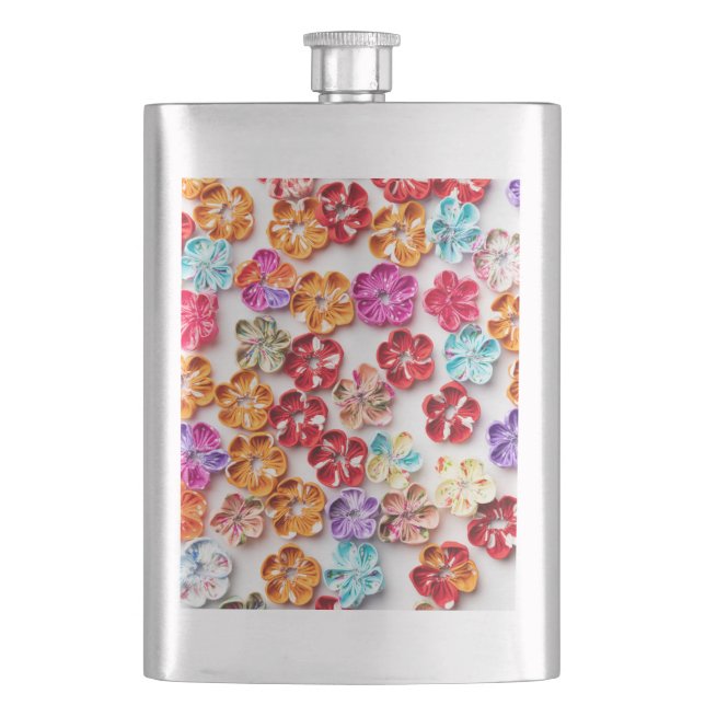 Spring Handmade sewn fabric Flowers Multicolor  Hip Flask (Front)