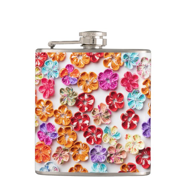 Spring Handmade sewn fabric Flowers Multicolor  Hip Flask (Front)