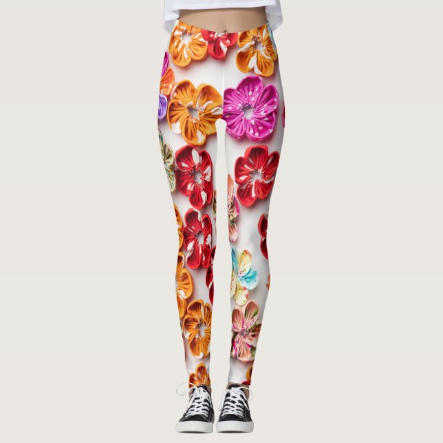 Spring Handmade sewn fabric Flowers Multicolor  Leggings (Front)