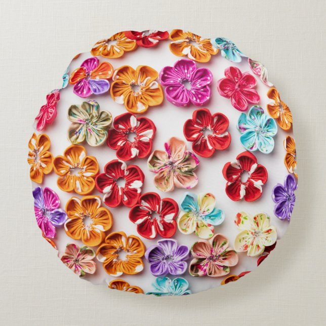Spring Handmade sewn fabric Flowers Multicolor  Round Cushion (Front)