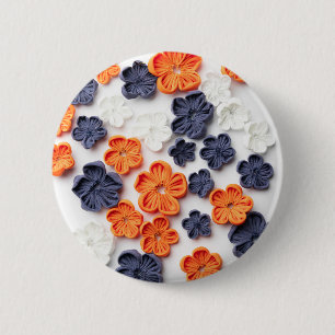Spring handmade sewn fabric flowers orange blue 6 cm round badge