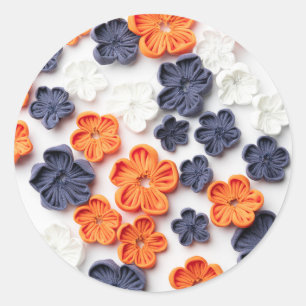 Spring handmade sewn fabric flowers orange blue classic round sticker