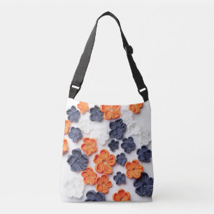 Spring handmade sewn fabric flowers orange blue crossbody bag
