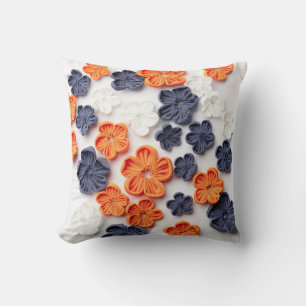 Spring handmade sewn fabric flowers orange blue cushion