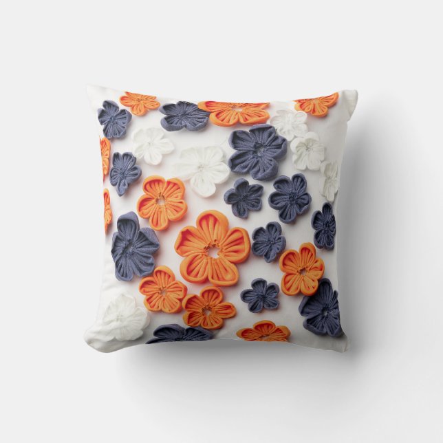 Spring handmade sewn fabric flowers orange blue  cushion (Front)