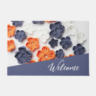 Spring handmade sewn fabric flowers orange blue  doormat