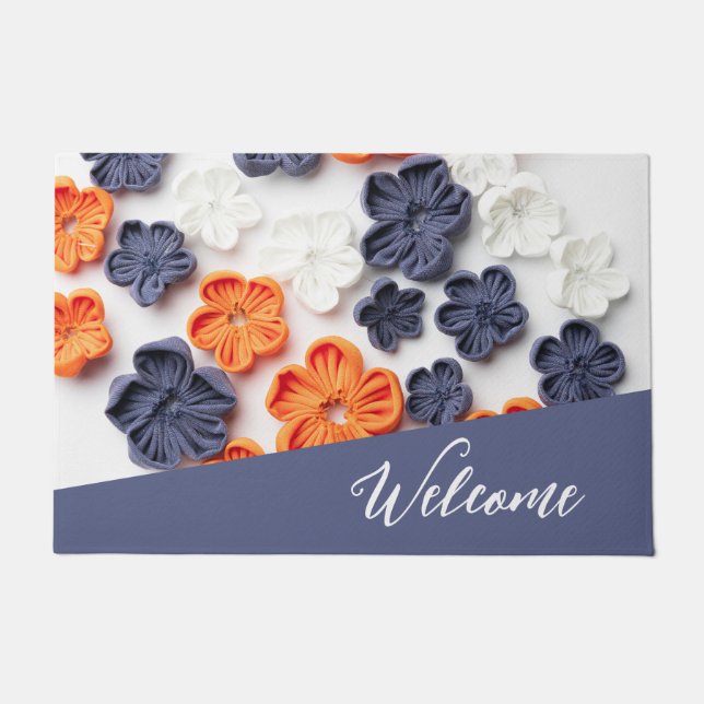 Spring handmade sewn fabric flowers orange blue  doormat (Front)