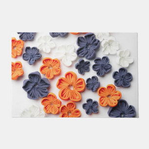 Spring handmade sewn fabric flowers orange blue doormat