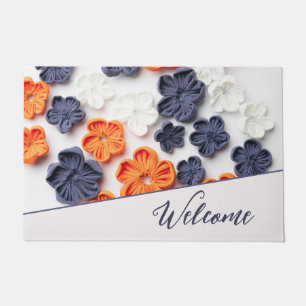 Spring handmade sewn fabric flowers orange blue doormat