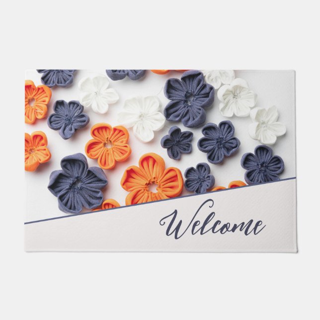 Spring handmade sewn fabric flowers orange blue  doormat (Front)