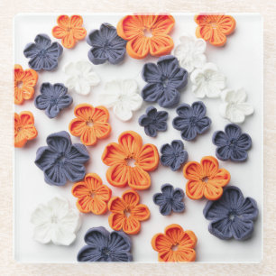 Spring handmade sewn fabric flowers orange blue glass coaster