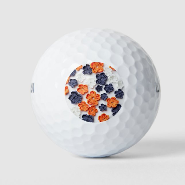 Spring handmade sewn fabric flowers orange blue  golf balls (Front)