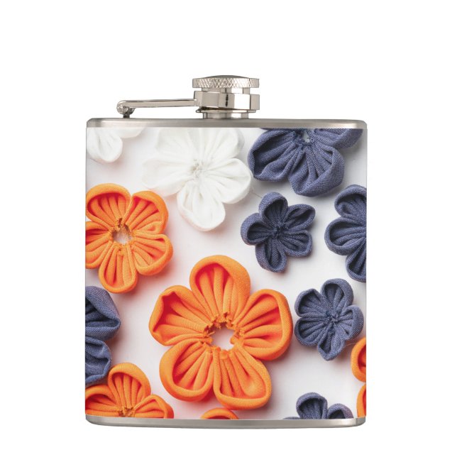 Spring handmade sewn fabric flowers orange blue  hip flask (Front)